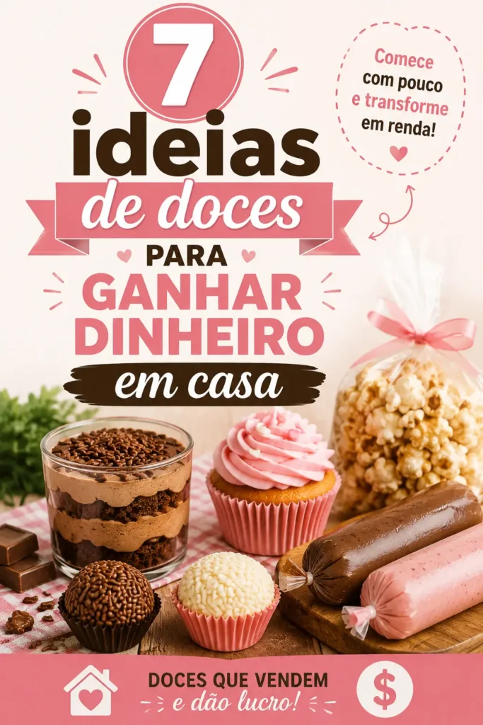 Imagem com 7 ideias de doces para ganhar dinheiro em casa, incluindo brigadeiros, bolos no pote, cupcakes, pipoca gourmet, trufas, geladinhos e outros doces artesanais para vender.