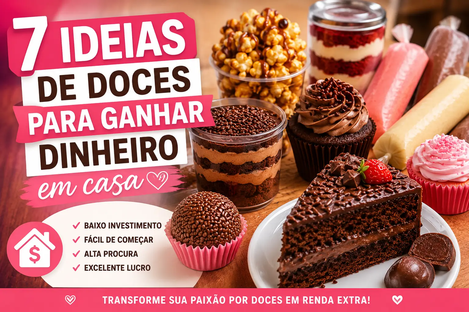 Imagem ilustrativa do artigo "Como Ganhar Dinheiro em Casa com Doces", mostrando diferentes doces artesanais como brigadeiros gourmet, bolos no pote, cupcakes, pipoca gourmet, geladinhos, fatias de bolo e trufas. O conteúdo apresenta ideias para empreender na confeitaria, conquistar renda extra e iniciar um negócio em casa com baixo investimento.