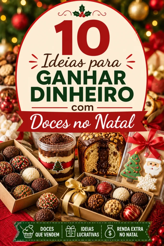 Imagem em formato Pinterest mostrando 10 ideias para ganhar dinheiro com doces no Natal, incluindo brigadeiros gourmet, chocotones recheados, bolos no pote, trufas, biscoitos decorados e caixas de presentes.