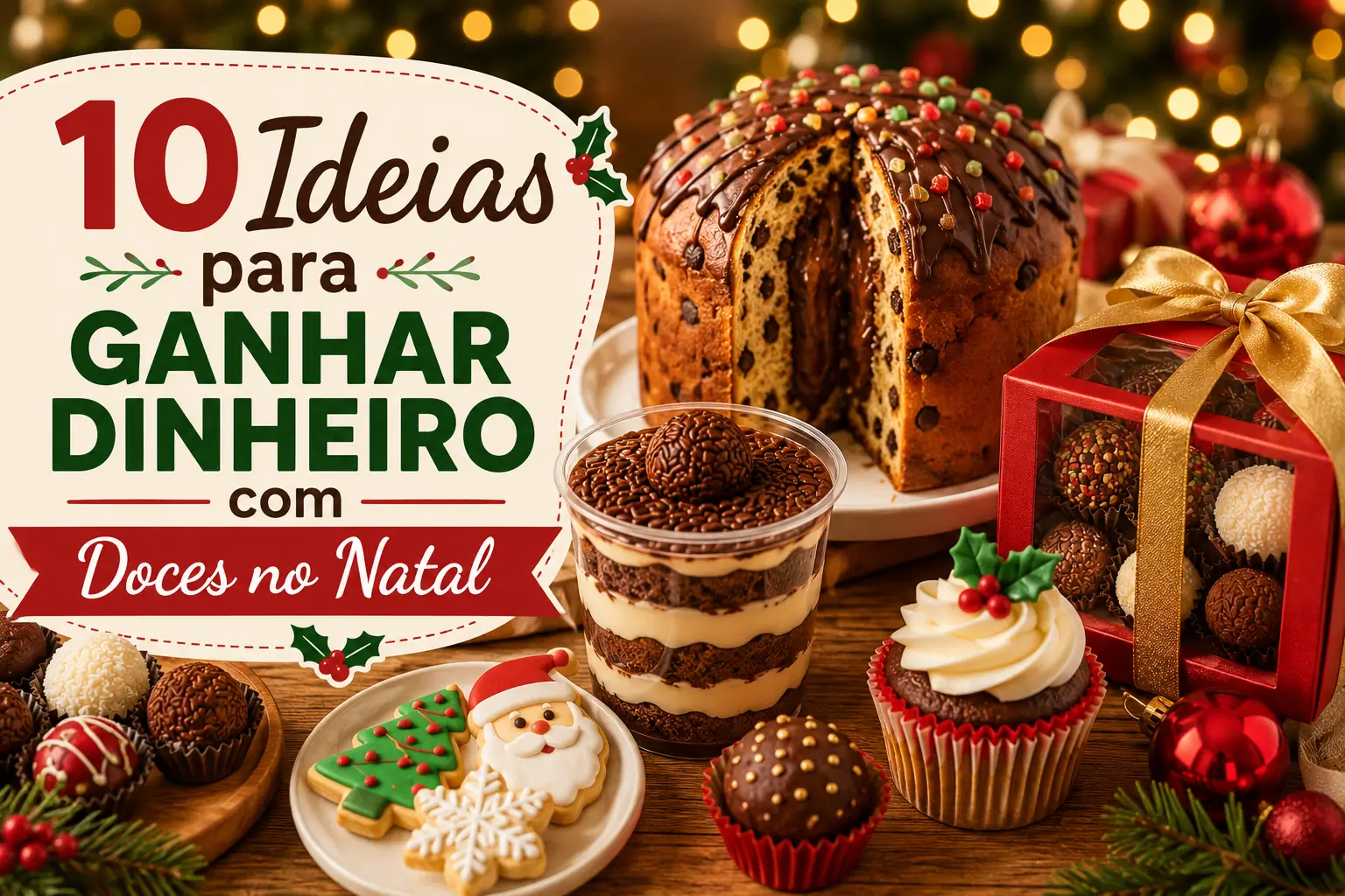 10 ideias para ganhar dinheiro com doces no Natal, incluindo brigadeiros gourmet, chocotones recheados, bolos no pote, cupcakes, trufas, biscoitos decorados e caixas de doces para presentear.
