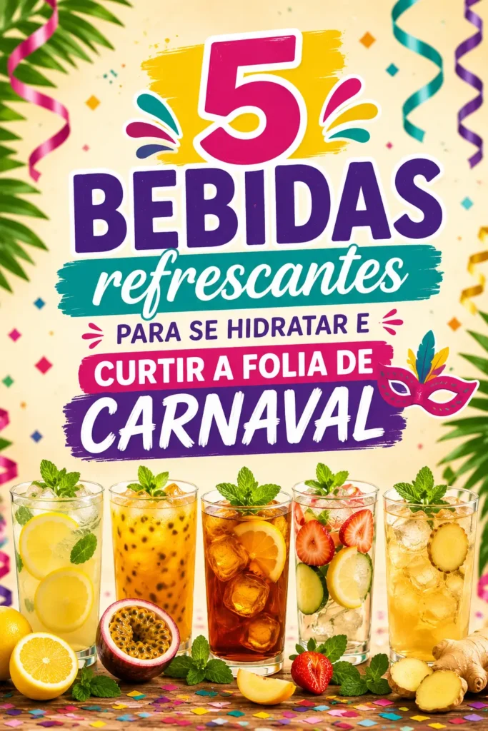 Imagem com cinco bebidas refrescantes para se hidratar e curtir a folia de Carnaval, incluindo limonada, suco de maracujá, chá gelado, água saborizada e bebida de gengibre.