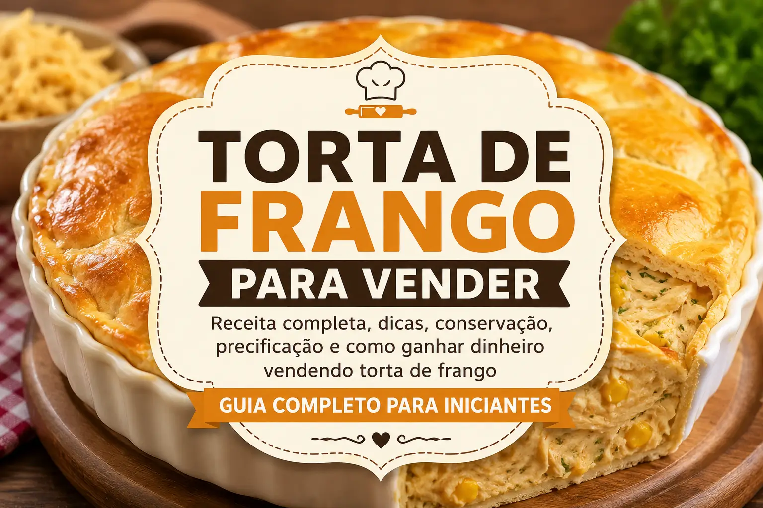 Imagem destacada de uma torta de frango dourada e recheada, com o texto "Torta de Frango para Vender". O artigo ensina como preparar uma torta de frango deliciosa, calcular o preço de venda, conservar corretamente e transformar a receita em uma fonte de renda.