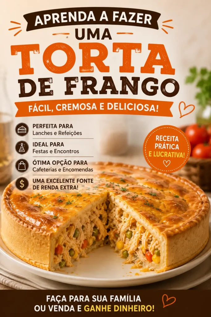 Imagem em formato Pinterest mostrando uma torta de frango dourada, com recheio cremoso de frango desfiado e legumes, acompanhada do texto "Aprenda a Fazer uma Torta de Frango". O artigo ensina uma receita fácil, dicas de preparo e como ganhar dinheiro vendendo salgados.