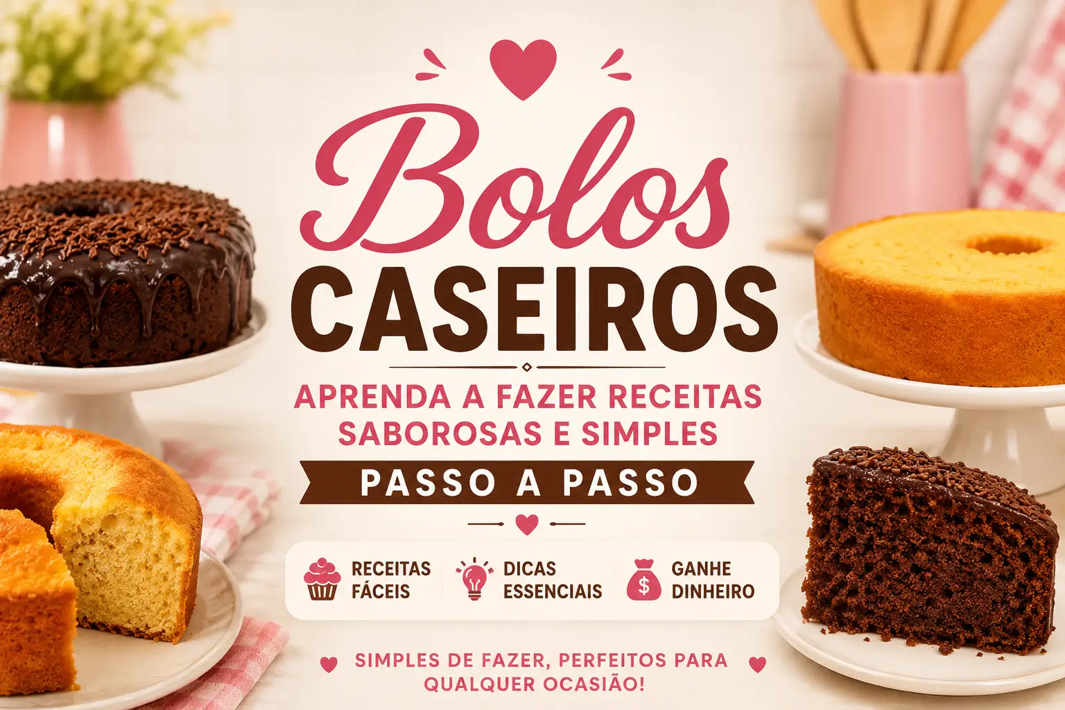 Imagem destacada com bolos caseiros de chocolate e bolo simples, ilustrando receitas fáceis, dicas para preparar bolos fofinhos e aprender a fazer bolos caseiros passo a passo.