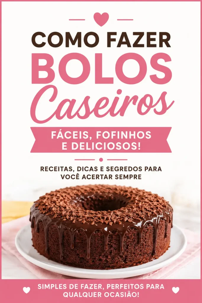 Imagem em formato Pinterest mostrando um bolo caseiro de chocolate com cobertura e o texto "Como Fazer Bolos Caseiros". O artigo ensina receitas simples, dicas para deixar o bolo fofinho e técnicas para preparar bolos caseiros perfeitos.