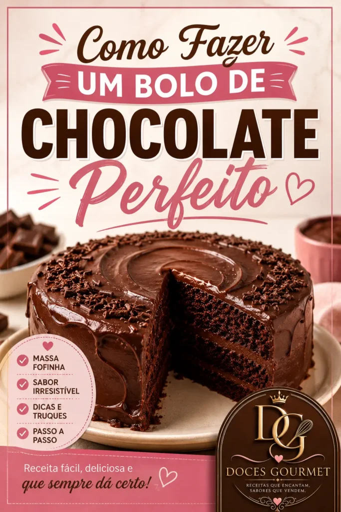Imagem em formato Pinterest mostrando um bolo de chocolate com cobertura cremosa e o texto "Como Fazer um Bolo de Chocolate Perfeito". O conteúdo apresenta receitas, dicas, truques e passo a passo para preparar um bolo fofinho e delicioso.