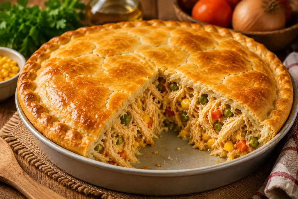 Torta de frango caseira dourada com recheio cremoso de frango desfiado, milho, ervilha e legumes, ilustrando o passo a passo para preparar uma torta de frango fácil, saborosa e perfeita para servir ou vender.