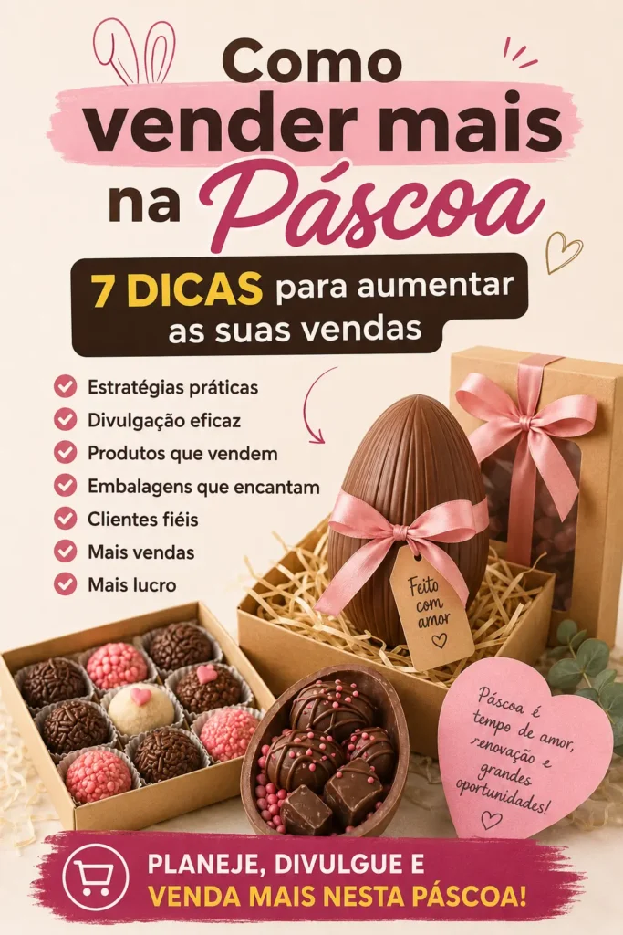 Infográfico com 7 dicas para vender mais na Páscoa, incluindo estratégias de divulgação, promoções, embalagens atrativas e produtos que ajudam a aumentar as vendas de doces e chocolates.