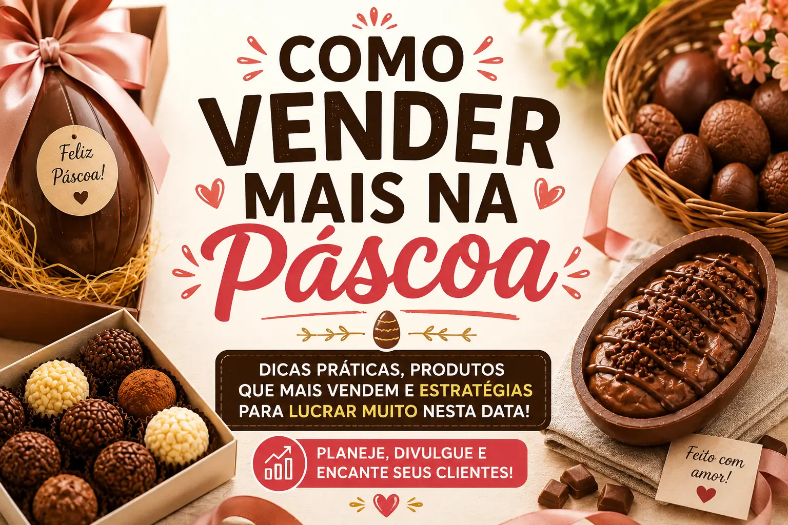 Ovo de colher, trufas e chocolates artesanais ilustrando estratégias de como vender mais na Páscoa e aumentar as vendas de doces.