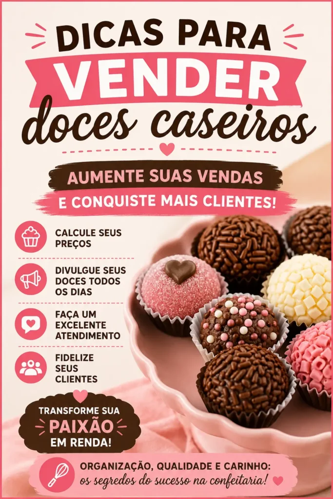 Imagem em formato Pinterest com dicas para vender doces caseiros, aumentar as vendas, conquistar clientes, calcular preços corretamente e divulgar doces nas redes sociais.