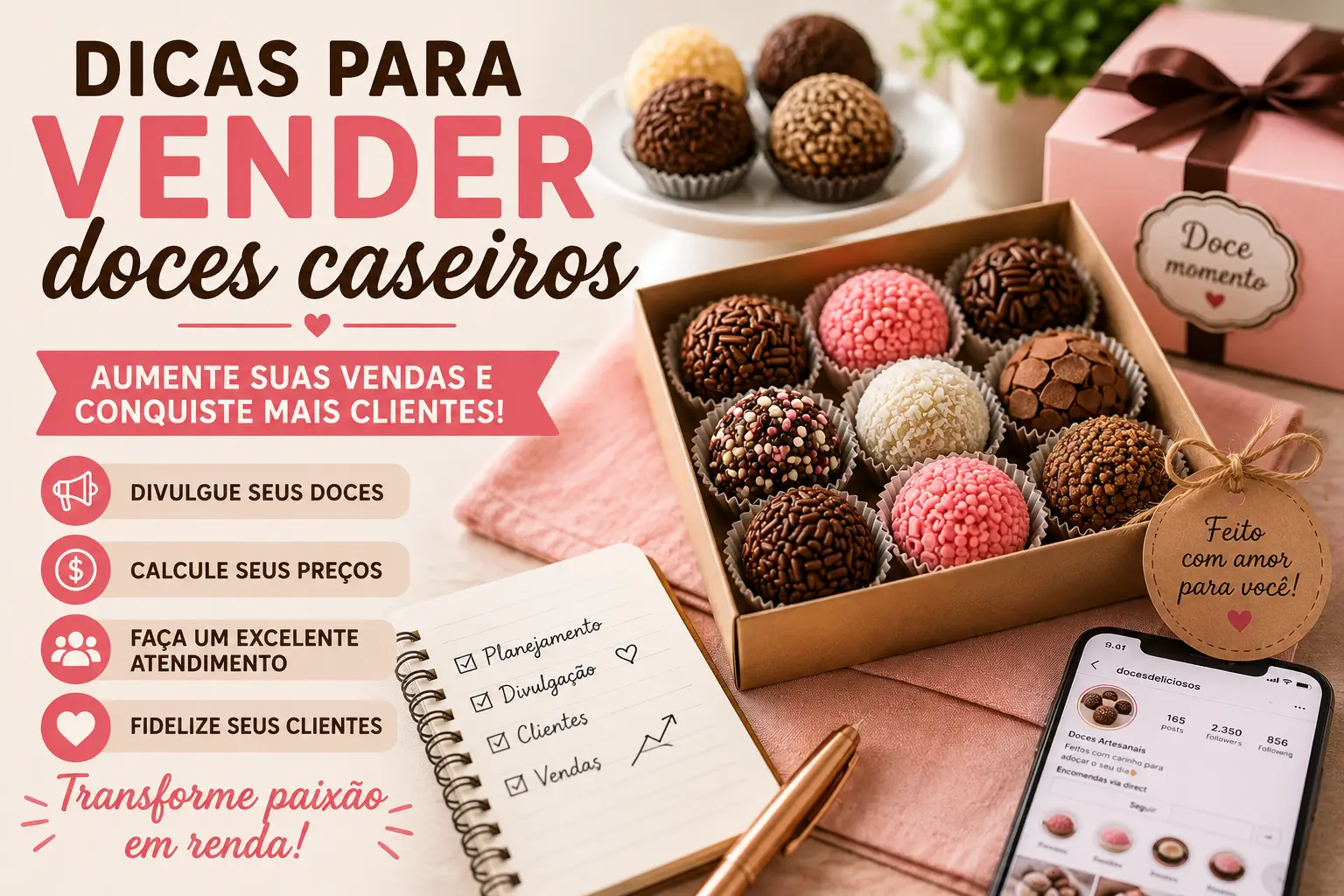 Dicas para vender doces caseiros com brigadeiros gourmet, estratégias para conquistar clientes, divulgar produtos, calcular preços e aumentar as vendas na confeitaria.