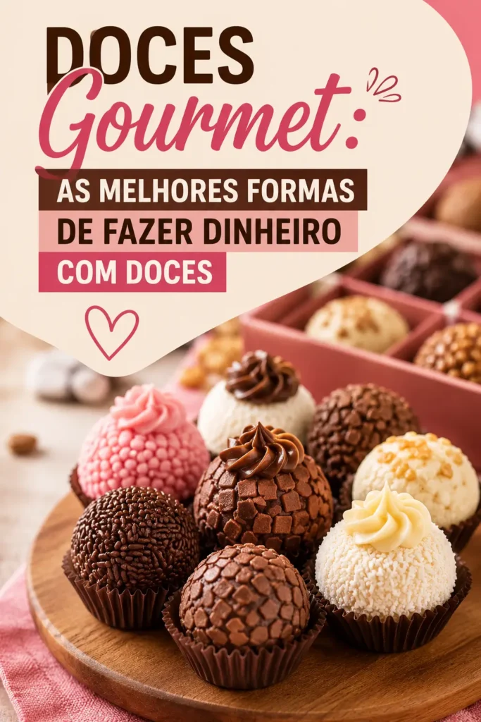 Imagem com doces gourmet artesanais, incluindo brigadeiros gourmet e trufas decoradas, destacando ideias para ganhar dinheiro vendendo doces de alta qualidade.