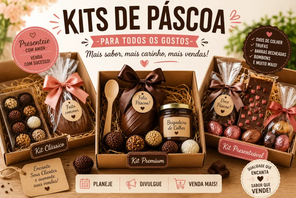 Kits de Páscoa com ovos de chocolate, trufas, barras recheadas e bombons artesanais em embalagens presenteáveis para vender.