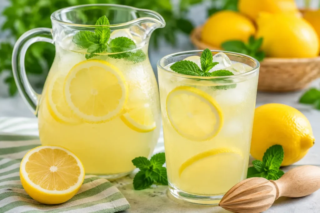 Limonada caseira preparada com limões frescos, gelo e folhas de hortelã, uma bebida refrescante para se hidratar e curtir a folia de Carnaval.