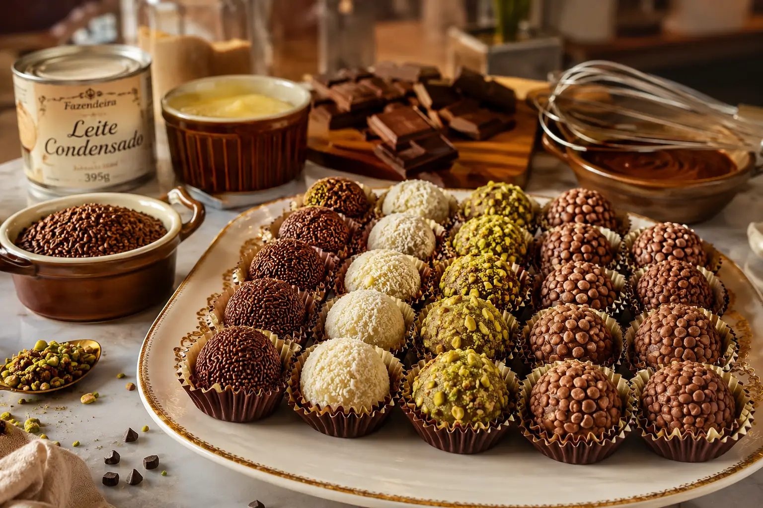 Brigadeiros gourmet artesanais preparados para venda com ingredientes premium.