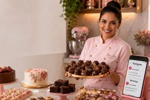 Confeiteira utilizando estratégias de marketing para conseguir clientes para confeitaria e aumentar encomendas de doces.