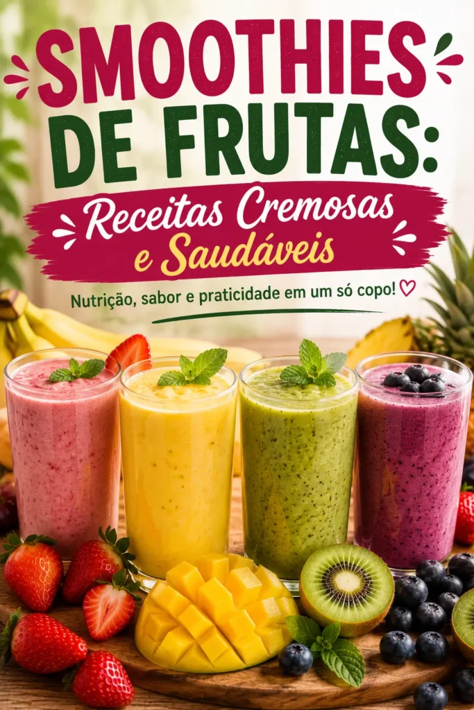 Imagem com diferentes smoothies de frutas preparados com morango, manga, kiwi e frutas vermelhas, destacando receitas cremosas, saudáveis e fáceis de fazer para o café da manhã ou lanche.