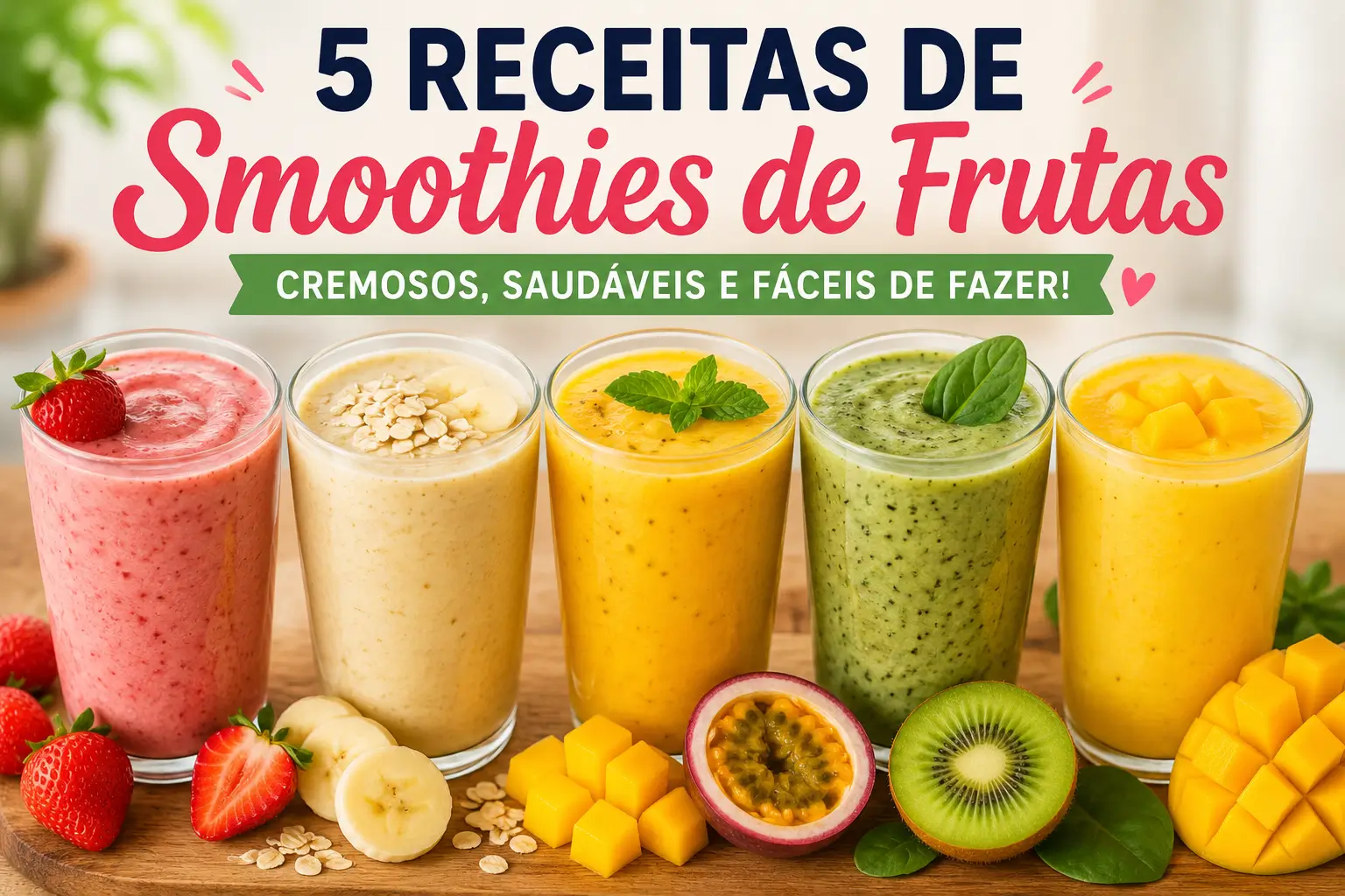 Imagem destacada com cinco smoothies de frutas preparados com morango, banana, manga, frutas tropicais e smoothie verde, ilustrando receitas cremosas, saudáveis e fáceis de fazer.